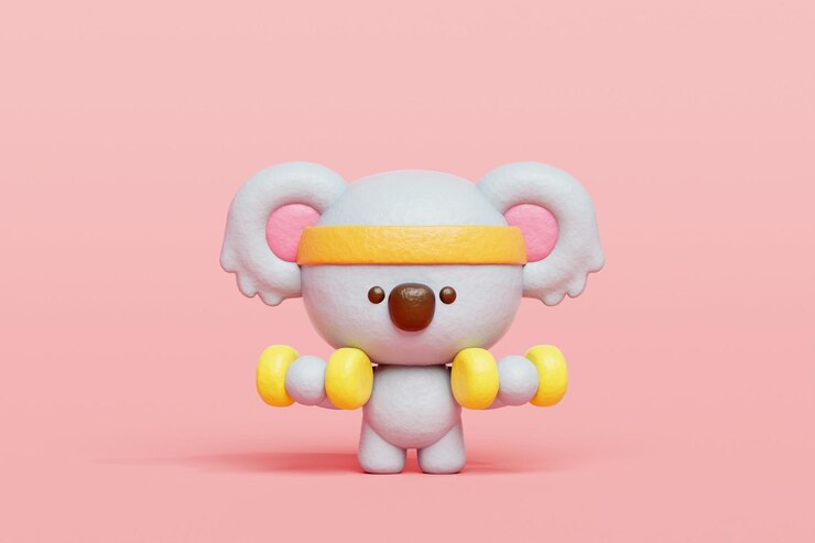 Photo 3d cute koala exercising with dumbbells cartoon animal character 3d rendering