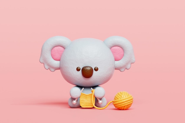 3d cute koala knitting cartoon animal character 3d rendering