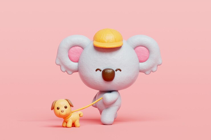 Photo 3d cute koala walking with dog cartoon animal character 3d rendering