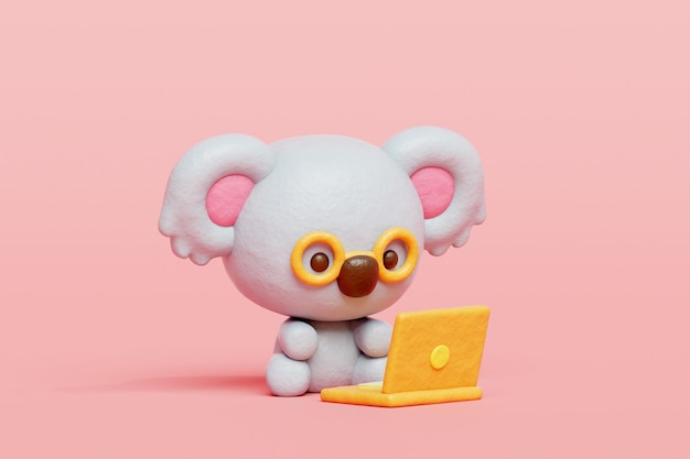 3D милая коала работает на ноутбуке 3D-рендеринг мультяшного животного