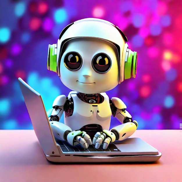 3D Cute little android robot works on a laptop background generated by AI