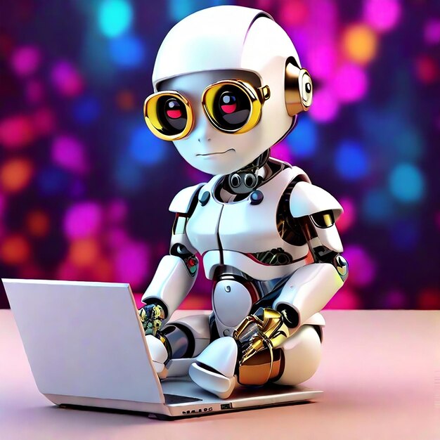 3d cute little android robot works on a laptop background generated by ai