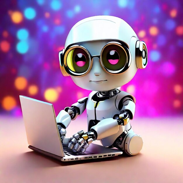 3d cute little android robot works on a laptop background generated by ai
