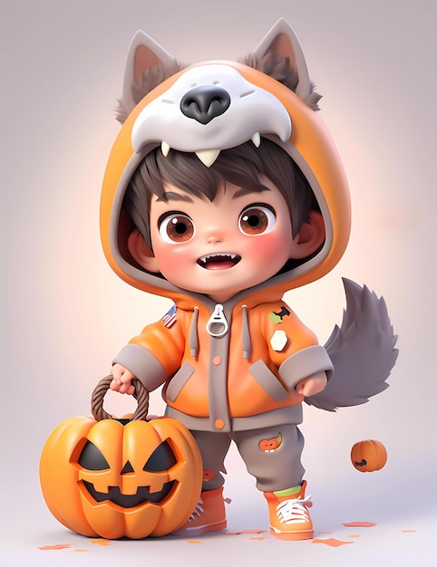 3D милый маленький мальчик с смешным костюмом лисы на вечеринку Хэллоуин