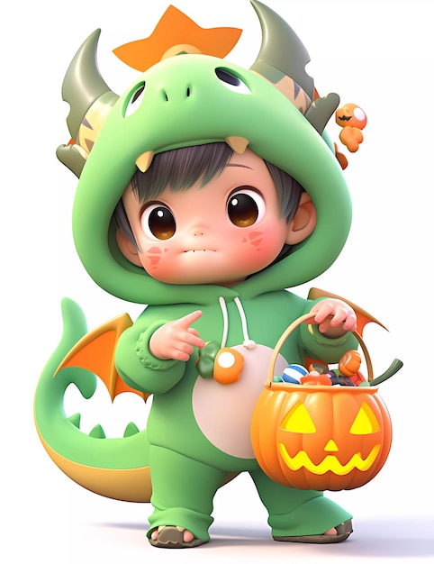 3d cute little boy with funny green dragon costume for Halloween party