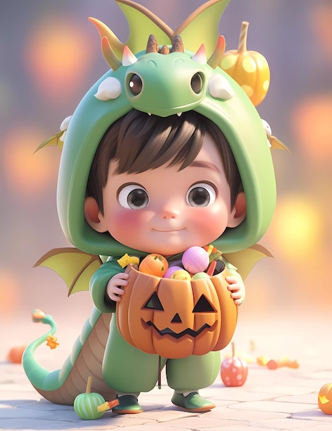 3D милый маленький мальчик с смешным костюмом зеленого дракона на вечеринку Хэллоуин