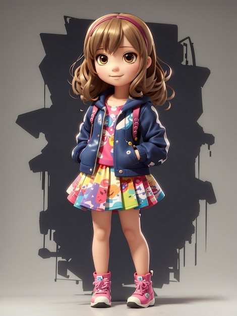 3d cute little girl character illustration on graffiti background