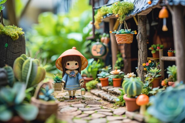 3d cute a little girl plant the pot nature background