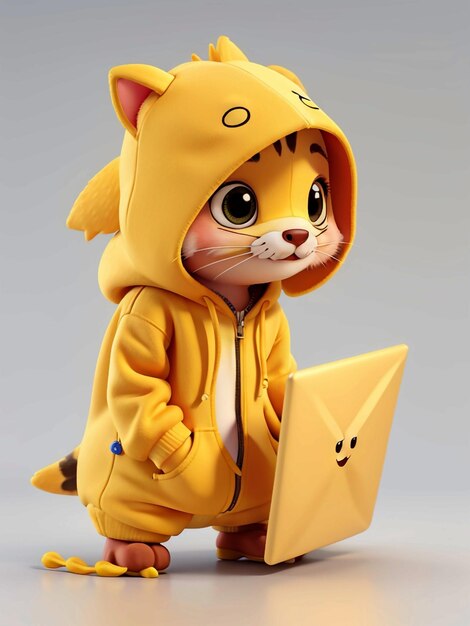 3d cute mascot of hoodie at looking for laptop