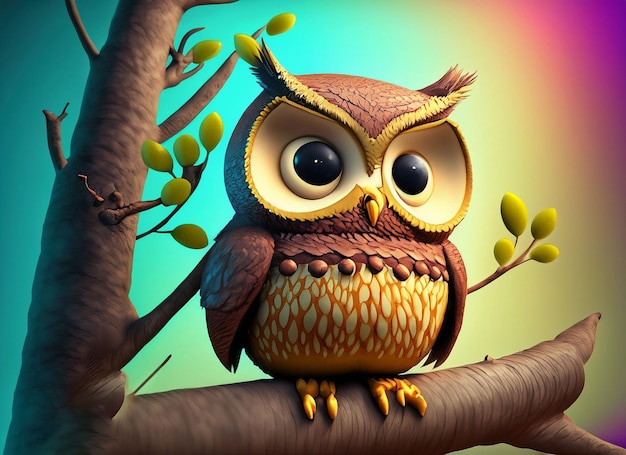 3d cute owl full body with flowers book with colorful background sitting on the island