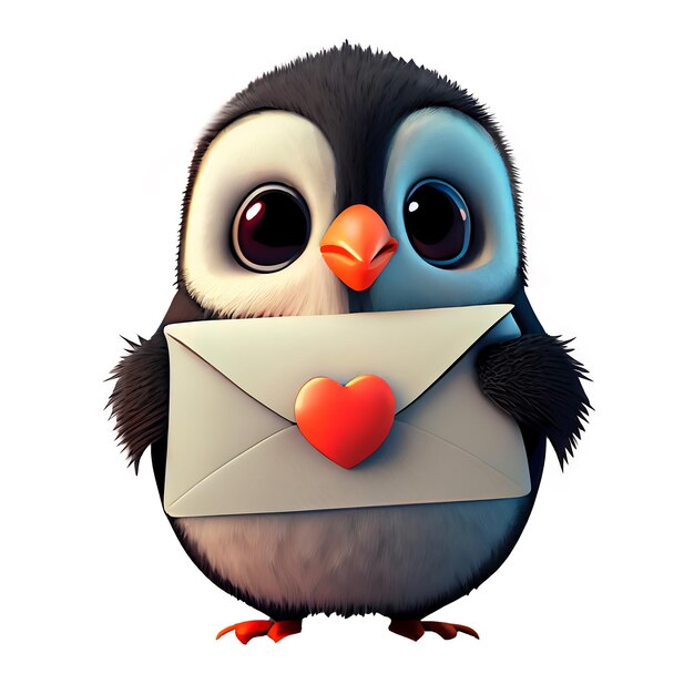 Foto pinguino sveglio 3d che tiene lettera di amore