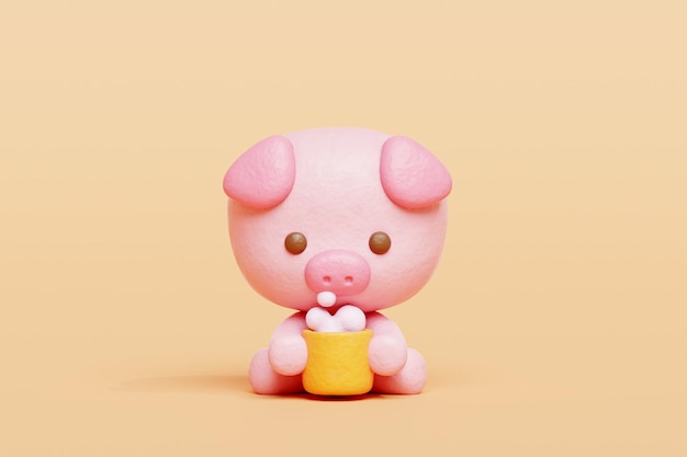 3d cute pig drinking coffee cartoon animal character 3d rendering