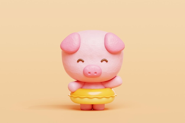 3d cute pig with rubber swimming rings cartoon animal character 3d rendering