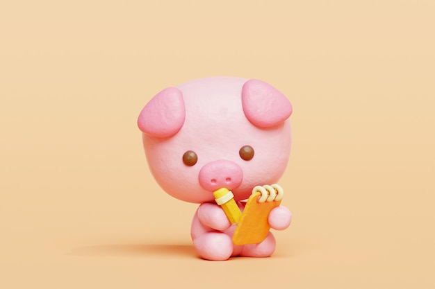3d cute pig writing a journal cartoon animal character 3d rendering