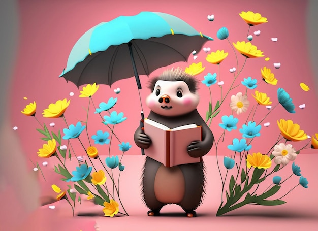 3d cute Porcupine with flowers book with colorful background under the umbrella