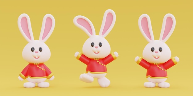 3d cute rabbit cartoon character isolated on yellow background\
element for chinese new year chinese festivals lunar cyn 2023 year\
of the rabbit 3d rendering