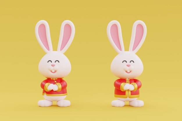 3D 귀여운 토끼 만화 캐릭터는 중국 설날 중국 축제 음력 CYN 2023년 토끼 3d 렌더링을 위해 노란색 배경 요소에 격리되어 있습니다.