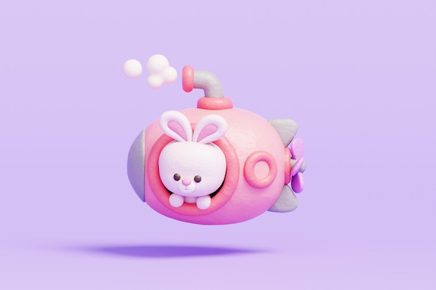 3D милый кролик, управляющий подводной лодкой мультфильмный персонаж животного 3D рендеринг