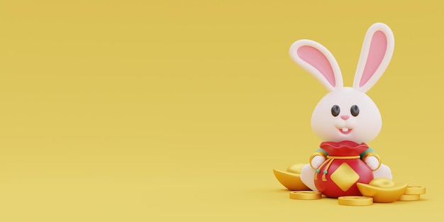 Premium Photo | 3d cute rabbit holding fortune bag and wealth gold ...