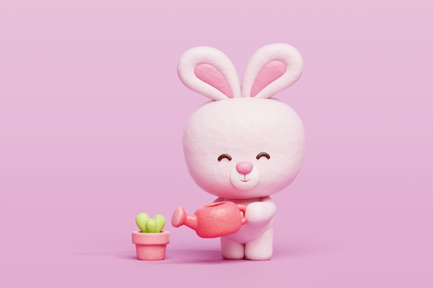 3D 귀여운 토끼 물 기 식물 만화 동물 캐릭터 3D 렌더링