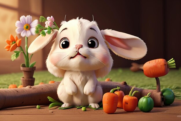 Фото 3d милый кролик с морковкой вокруг него генеративный искусственный интеллект