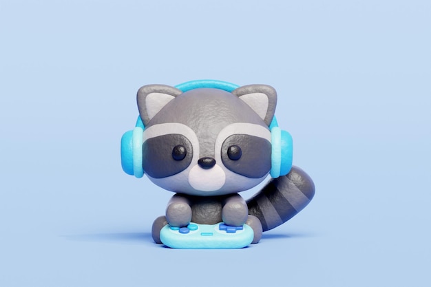 3D cute raccoon playing video game Cartoon animal character 3D rendering