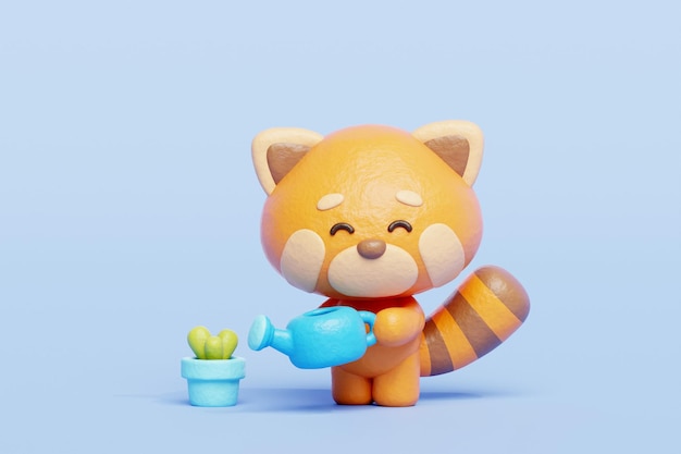 3D cute red panda watering plant Cartoon animal character 3D rendering