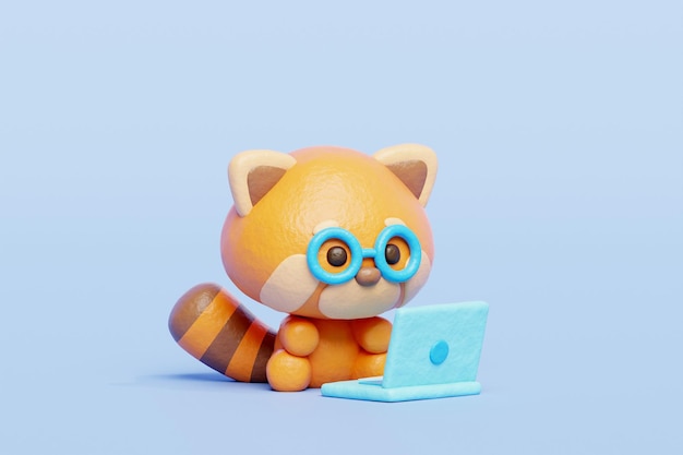 3D cute red panda working on laptop Cartoon animal character 3D rendering