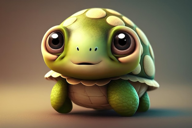 3D Cute smile little turtle kawaii character Realistic hatchling with big eyes