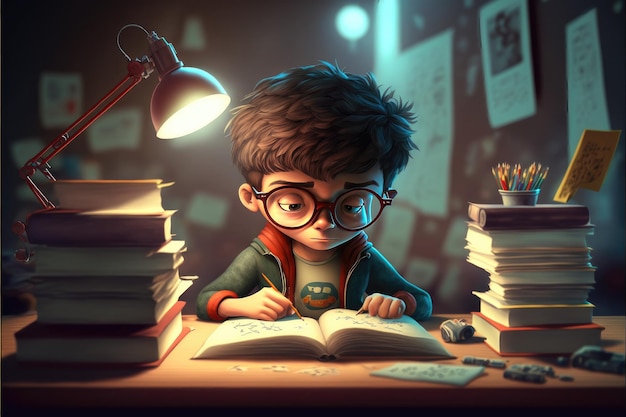 3D cute student boy studying papers on the desk in room