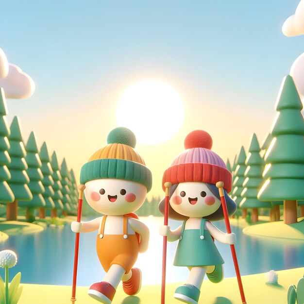 Photo 3d cute style of a cheerful couple joyfully nordic walking along a serene lakeside under the warm a