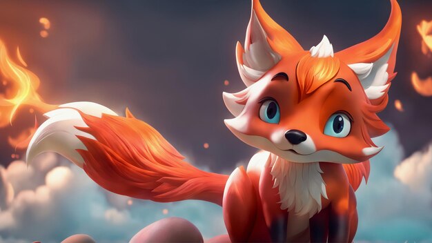 Photo 3d cute style fire red fox surround in flame