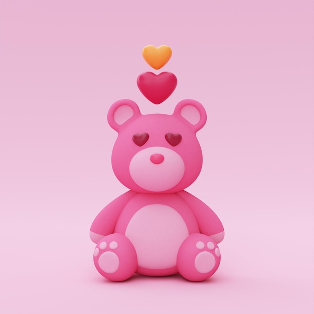 3d Милый плюшевый мишка с воздушными шарами в форме сердца, изолированными на розовом фоне Элемент декора на День святого Валентина, День матери или день рождения 3d-рендеринг