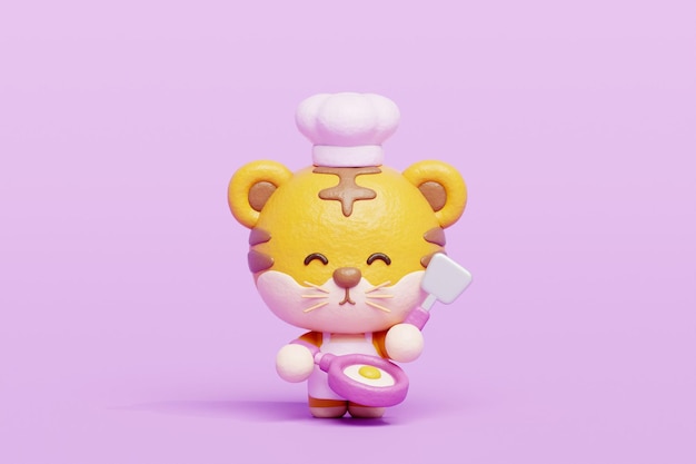 3D cute tiger cooking Cartoon animal character 3D rendering