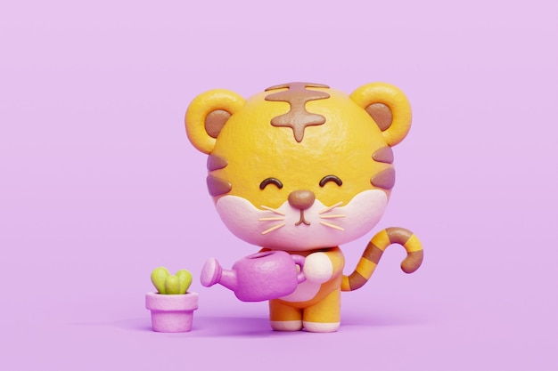 3D cute tiger watering plant Cartoon animal character 3D rendering