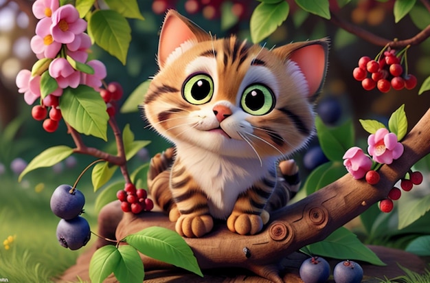 3D Милый широкоглазый кот с цветами и ягодами вокруг него Генеративный AI