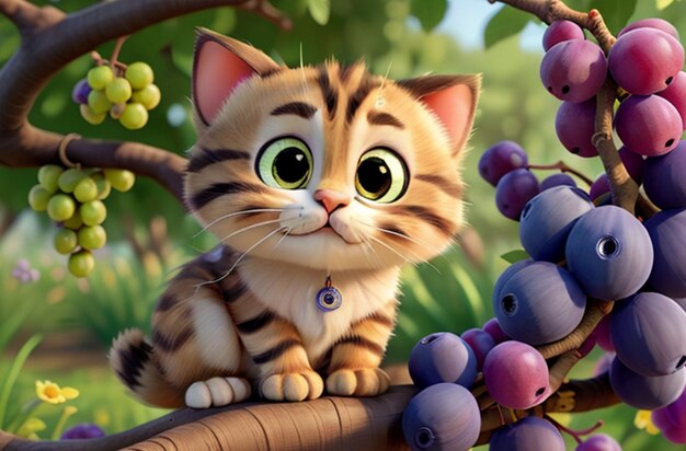 3D Cute wideeyed cat with flowers and grapes around it Generative AI