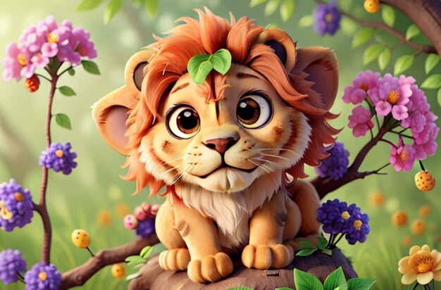 3d cute wideeyed lion with flowers and fruits around it generative ai