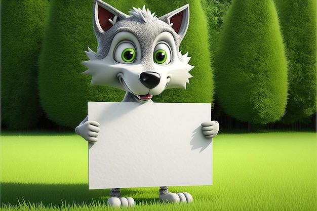 3D cute wolf cartoon holding blank sign 3D animal background Suitable for banners signs logos sales
