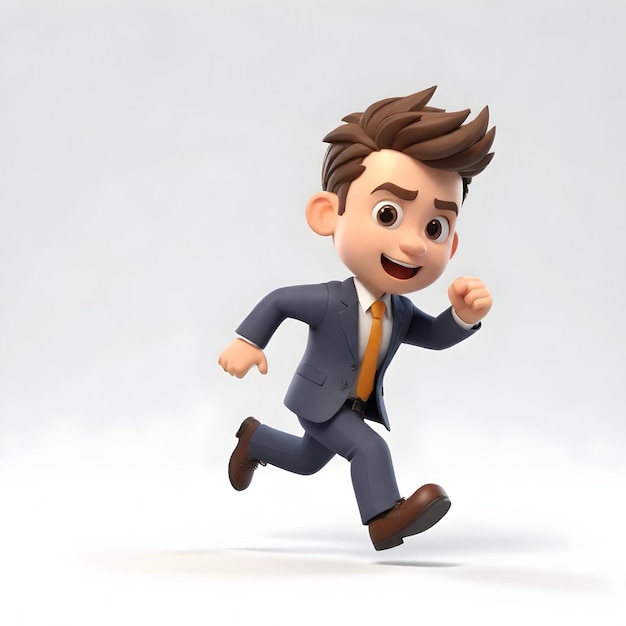 3D милый молодой бизнесмен персонаж бежит спереди на белом фоне