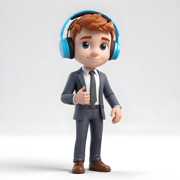 3d cute young businessman character though headphones on white background