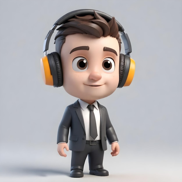 3d cute young businessman character though headphones on white background