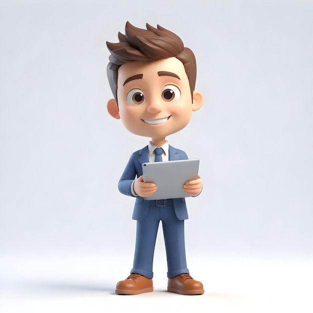 3d cute young businessman character with tablet