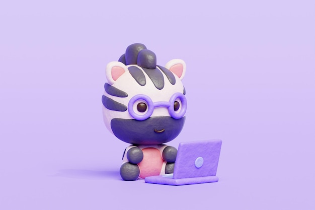 3D cute zebra working on laptop Cartoon animal character 3D rendering