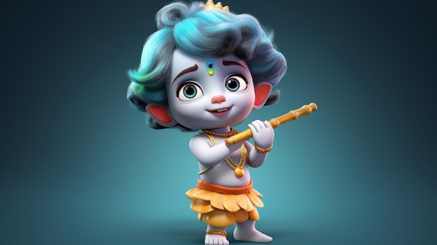 3D cutest little krishna on blue background generative AI