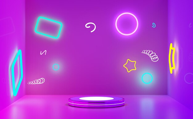 3d cylinder stage podium empty in room with neon abstract geometric cosmetic showcase pedestal purple violet background minimal mockup modern scene 3d render illustration