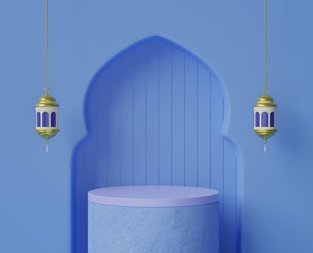 Photo 3d cylinder stand podium in arabic arch window, islamic background 3d scene.