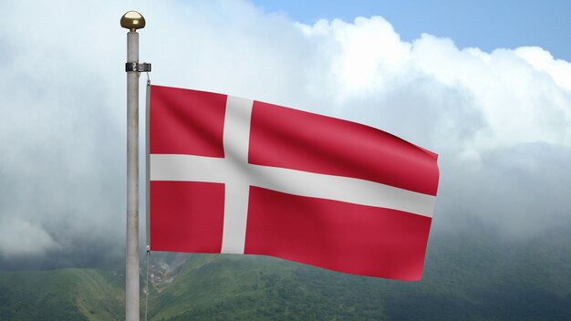 3D, Danish flag waving on wind at mountain with clouds. Denmark banner blowing smooth silk. Cloth fabric texture ensign background. Use it for national day and country occasions concept.