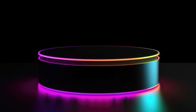 3D dark full podium with neon rainbow light on a black background Generate AI