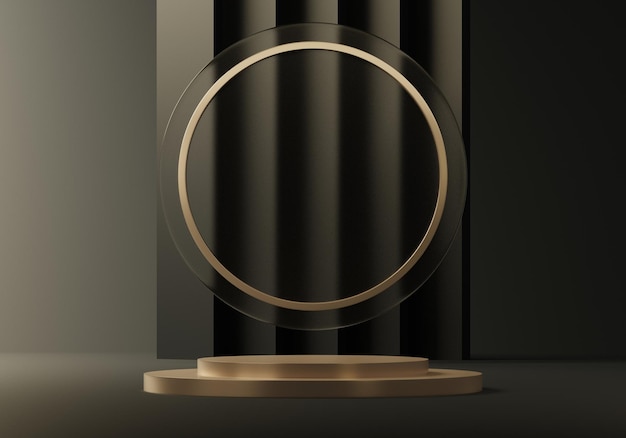 金の表彰台のモックアップ、製品ショーケース用の空のプラットフォーム、プレゼンテーションを含む3Dの暗い金色の背景。